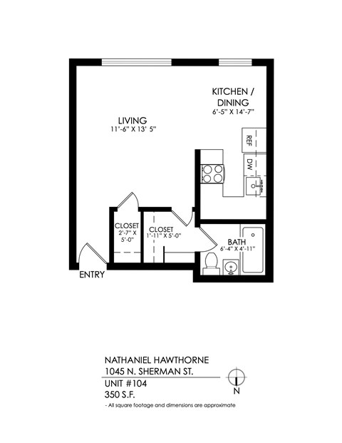 Floor plan for studio, 1 bath, 415 sqft